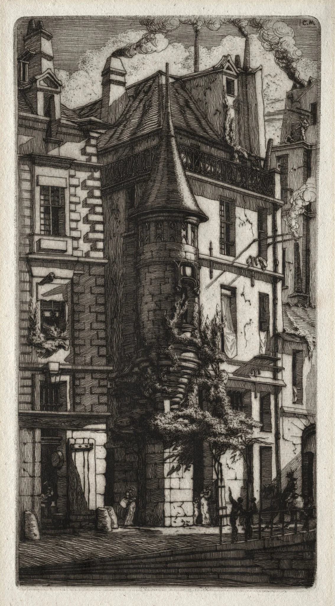 Etchings of Paris: House with a Turret, Weavers' Street, detail