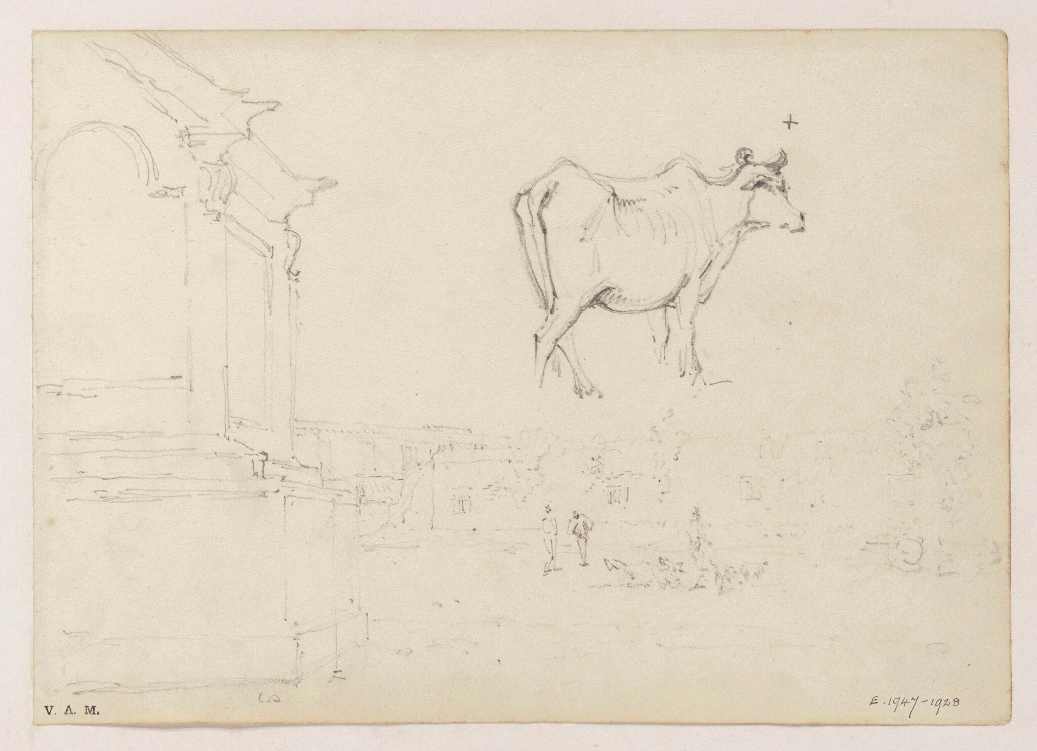 A cow, and an open space within the city of Macau, detail
