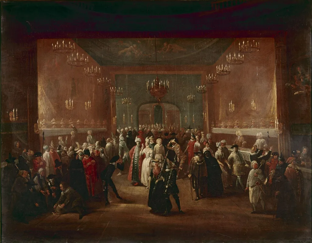 A Masquerade at the King's Theatre, Haymarket, by Giuseppi Grisoni, paint, 1724