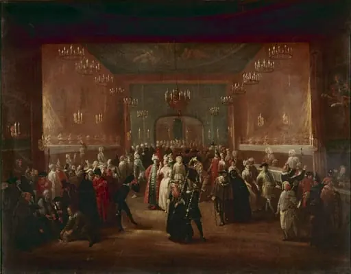 A Masquerade at the King's Theatre, Haymarket, by Giuseppi Grisoni, paint, 1724