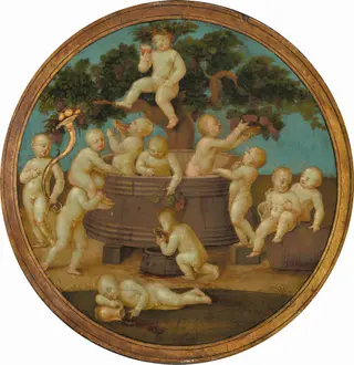 Putti with a Wine Press, by Mariotto Albertinelli, oil, 1500