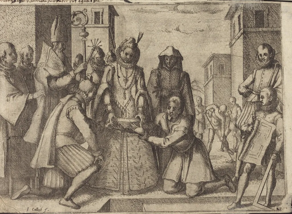 The Queen Laying the First Stone for the Church of the Poor Clares in Spain [verso], by Jacques Callot, ink, 1612