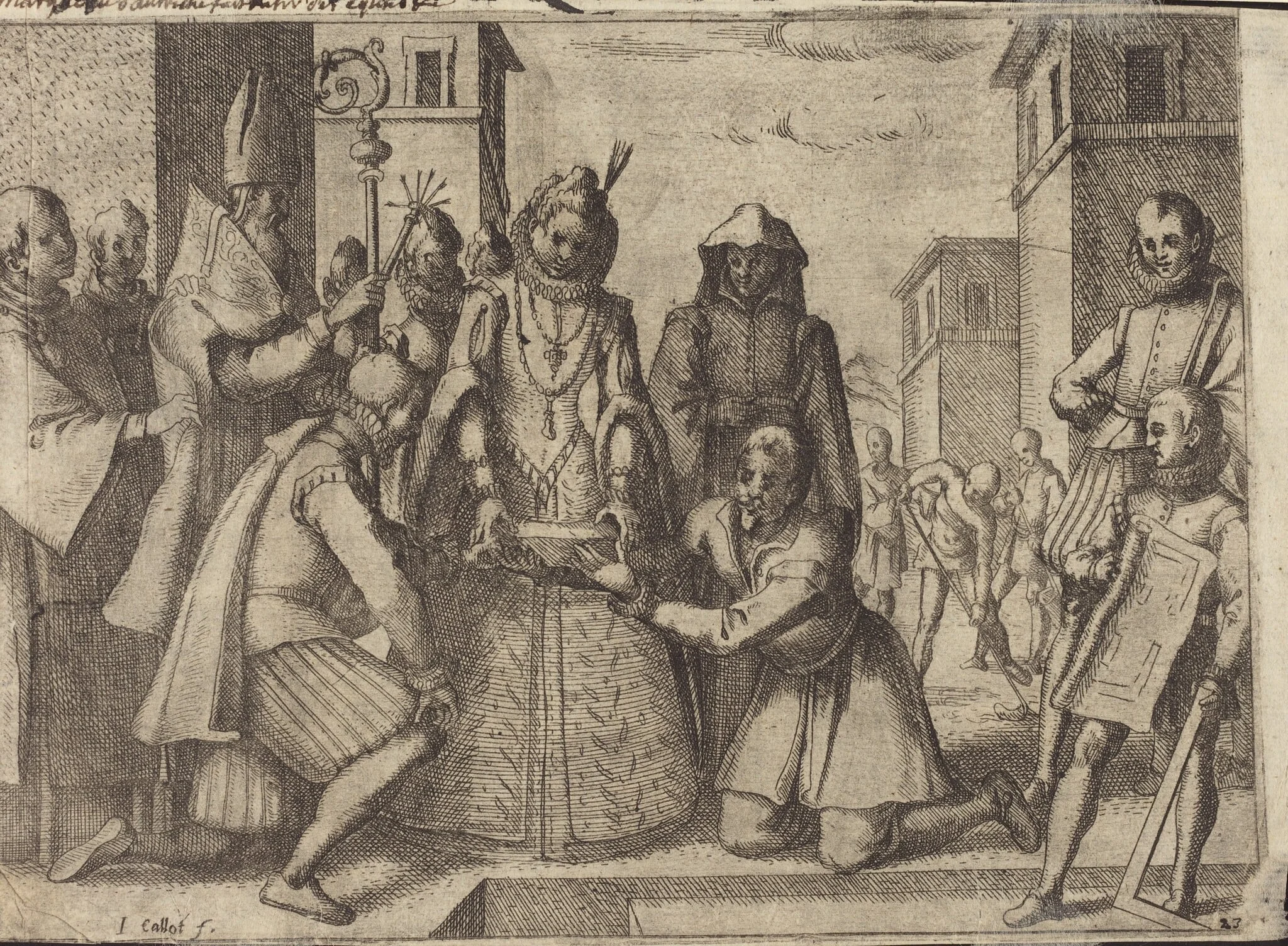 The Queen Laying the First Stone for the Church of the Poor Clares in Spain [verso], detail