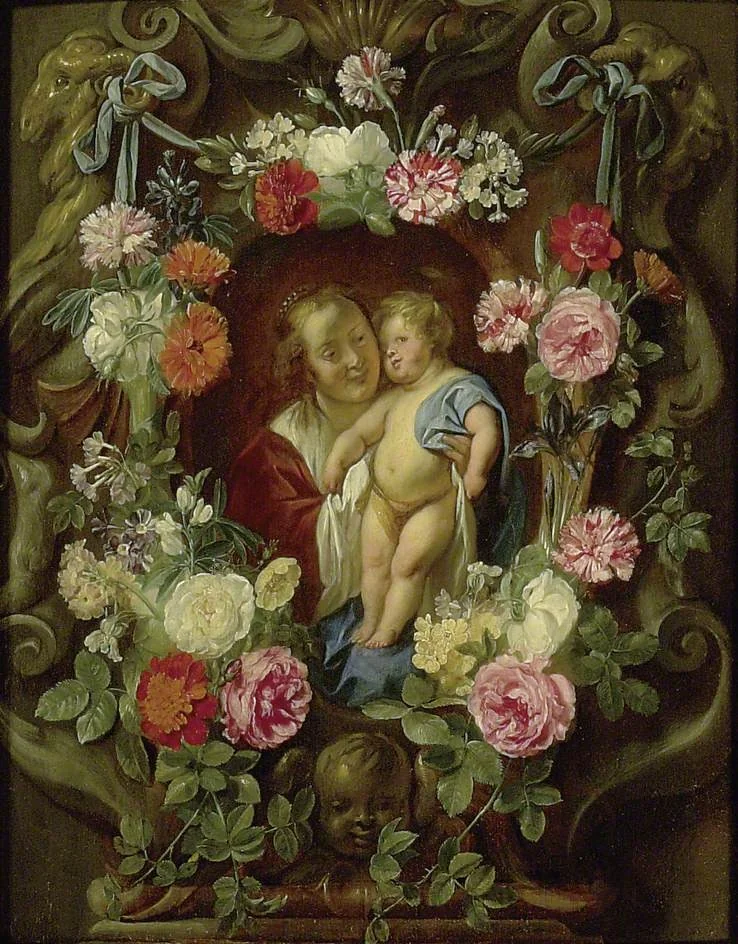 The Virgin and Child in a Cartouche decorated with Flowers, detail