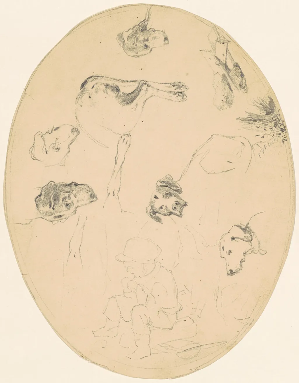 Studies of Dogs and a Seated Boy [recto], by James Goodwyn Clonney, graphite, 1845