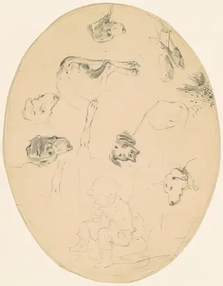 Studies of Dogs and a Seated Boy [recto], by James Goodwyn Clonney, graphite, 1845