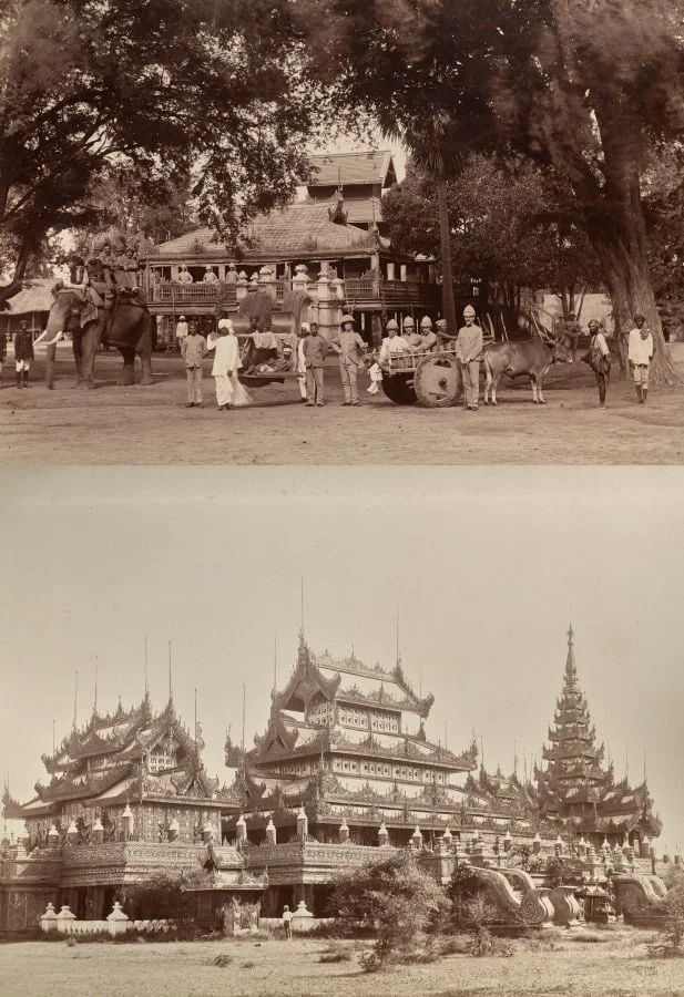 Untitled: (British soldiers, man on palequin, and indigenous workers); (ornate buildings, verso), detail