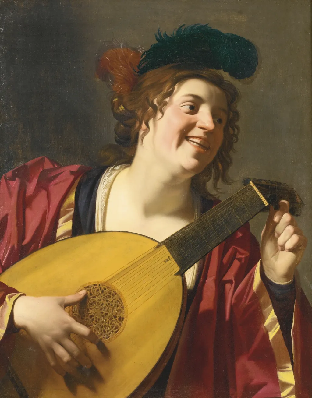 A Woman tuning a lute, by Gerard van Honthorst, oil, 1624