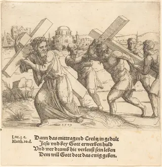 Man Carries the Cross after Christ, by Augustin Hirschvogel, ink, 1549