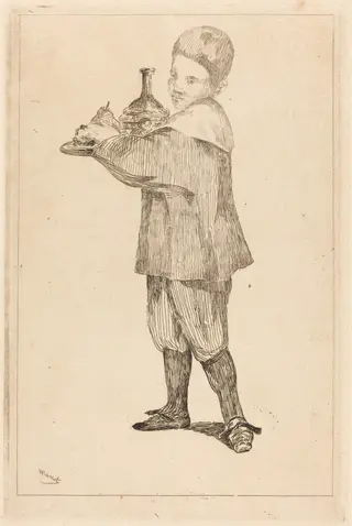 Child Holding a Tray (L'Enfant Portant un Plateau), by Édouard Manet, ink, 1862