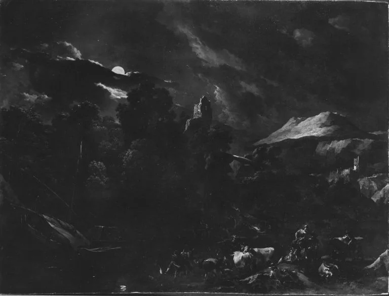 Gebirgslandschaft bei Mondschein mit Viehherde und Hirten, detail