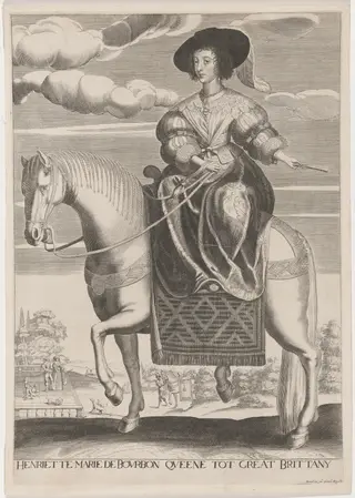 Henrietta Maria on Horseback, by Pierre Daret de Cazeneuve, ink, 1641