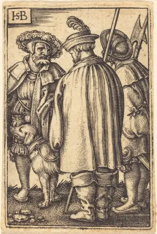 Three Soldiers and a Dog, by Sebald Beham, ink, 1544
