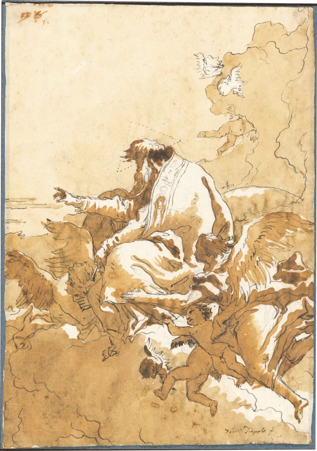 God the Father Seated in Clouds Surrounded by Angels and Putti, by Giovanni Domenico Tiepolo, chalk, 1756