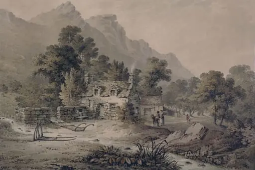 A cottage near Dolgelly, by James Bourne, watercolor, 1800