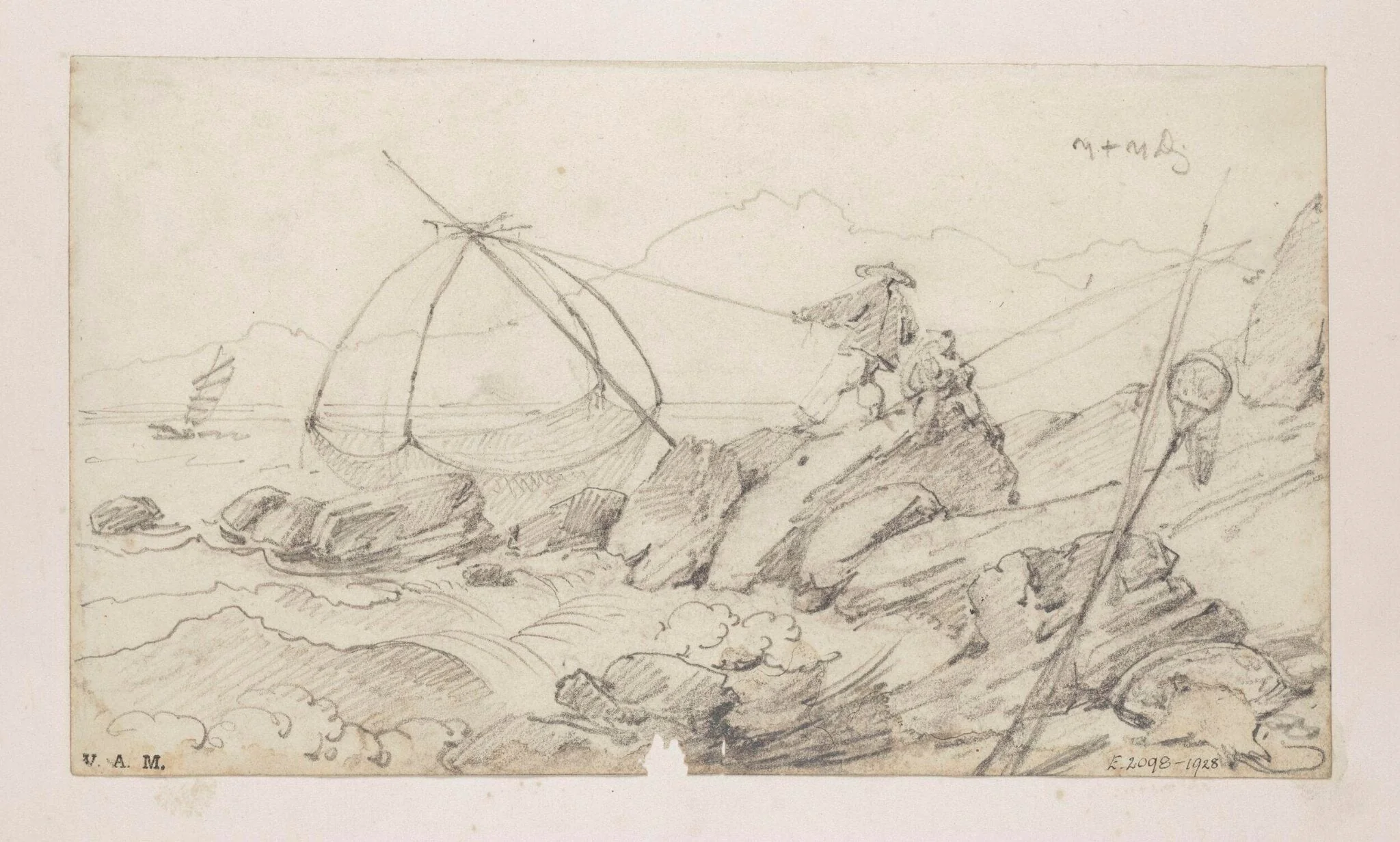 Fishermen with their nets on a rocky coast, detail