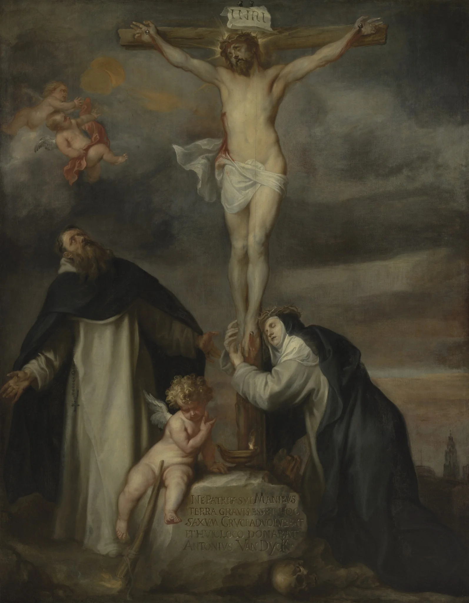 Christ on the Cross with Saint Catherine of Siena, Saint Dominic and an Angel, detail