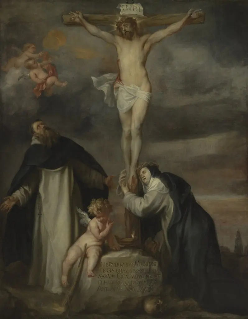 Christ on the Cross with Saint Catherine of Siena, Saint Dominic and an Angel, by Anthony van Dyck, oil, 1620