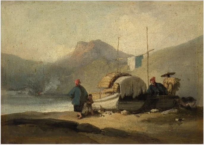 Chinese Scene, Boats by Lake, detail