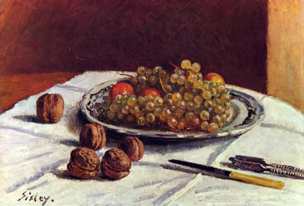 Grapes and Walnuts on a Table, by Alfred Sisley, oil, 1888