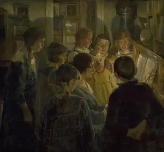 Syngende børn ved et klaver, by Eiler Sørensen, oil, 1923