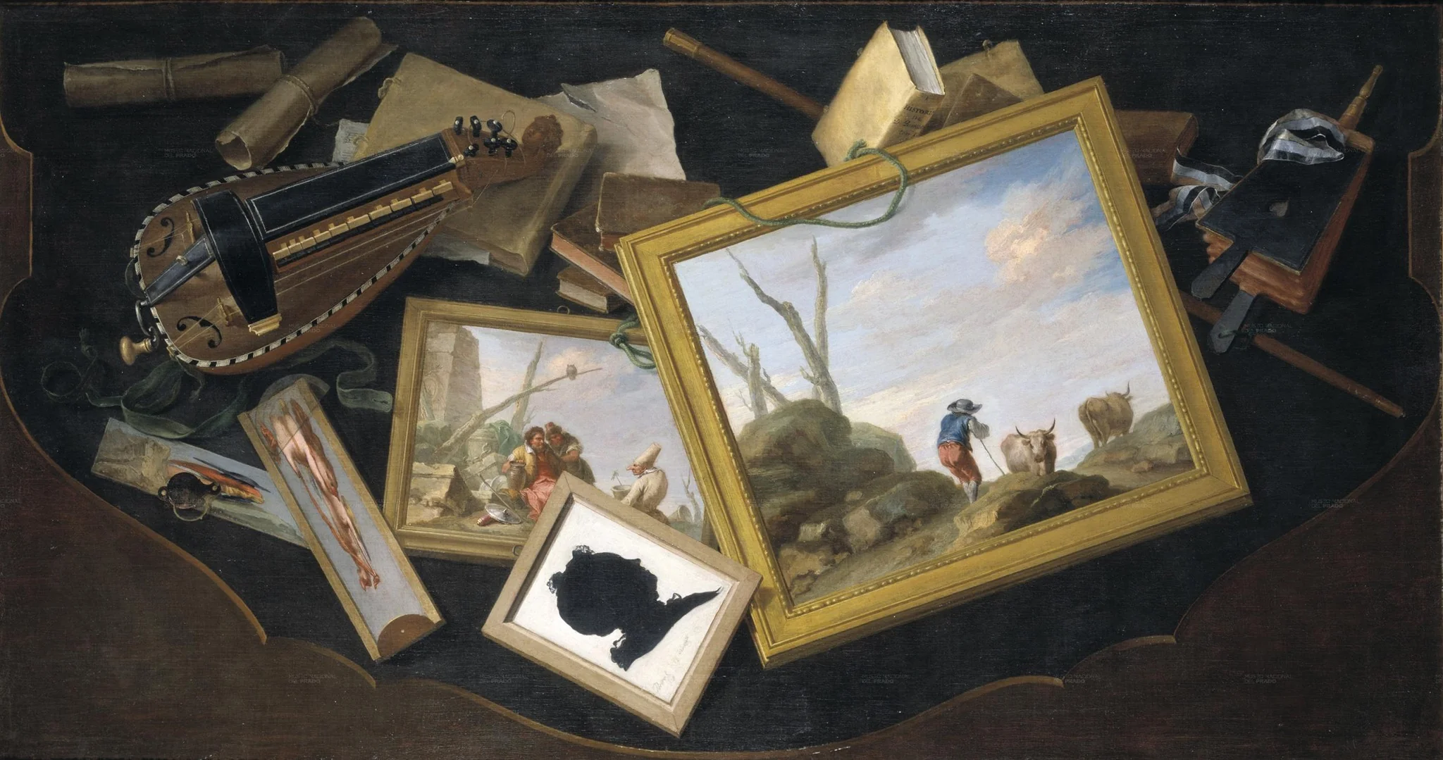 Trompe-l'œil of a Table in a Mess with Paintings, a Hurdy-Gurdy, Books and Other Objects, detail