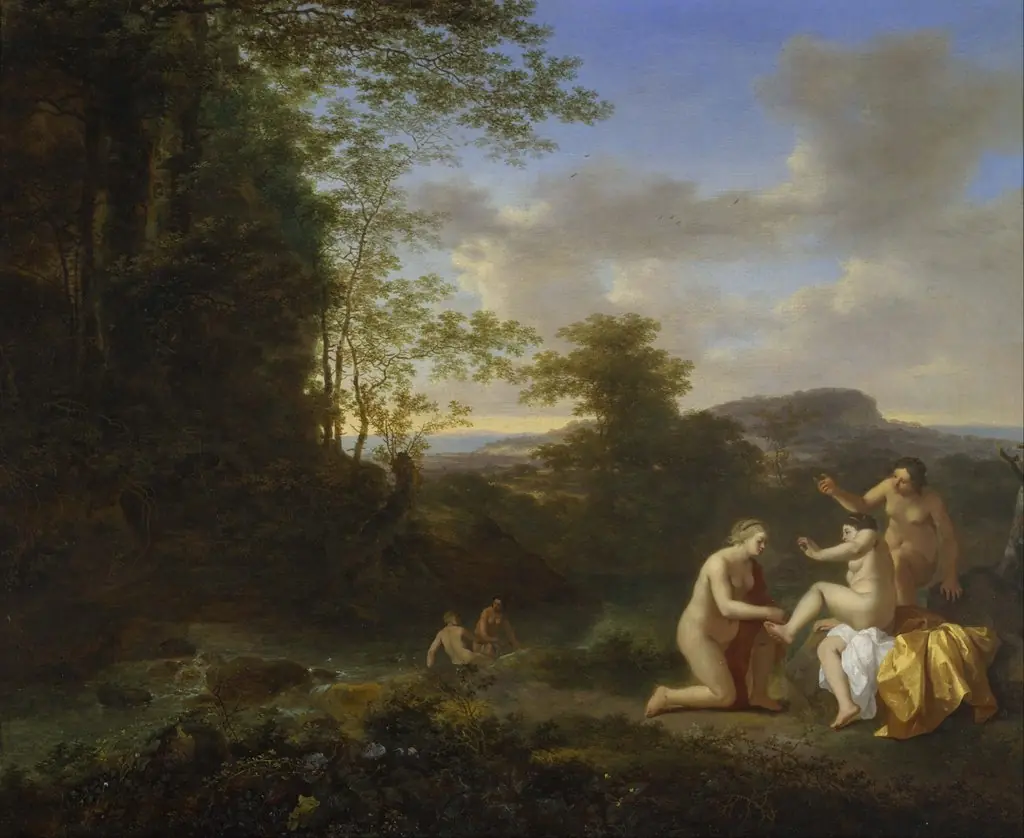 Landscape with Nymphs, by Cornelius van Poelenburgh, oil, 1640