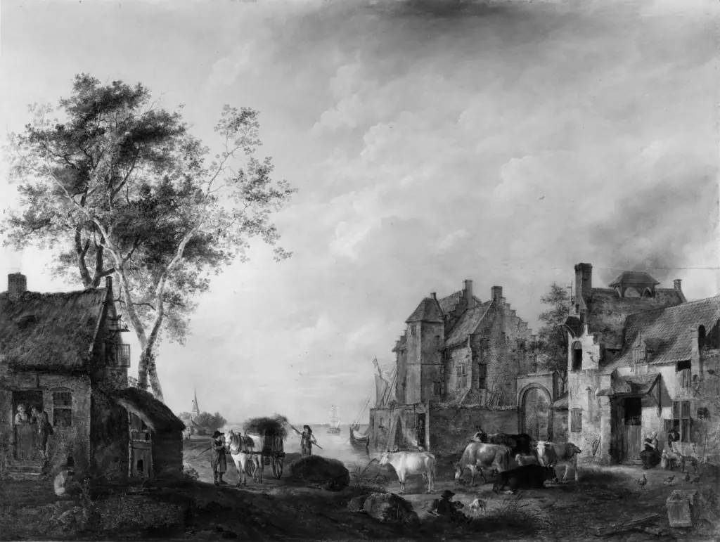 Village Scene on a River, by Hendrik-Frans De Cort, oil, 1750