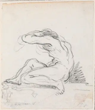 Seated Male Nude with Arm over Head, Seen from the Side, by Hubert Robert, chalk, 1760