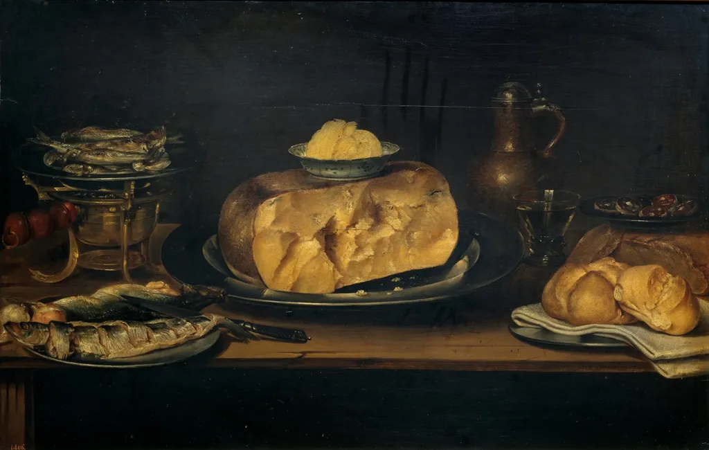 Still life of a table with crockery, cheese, sausage and fish, by Alexander Adriaenssen, oil, 1601
