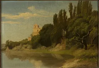 Italian waterside landscape, by Friedrich Wasmann, oil, 1835