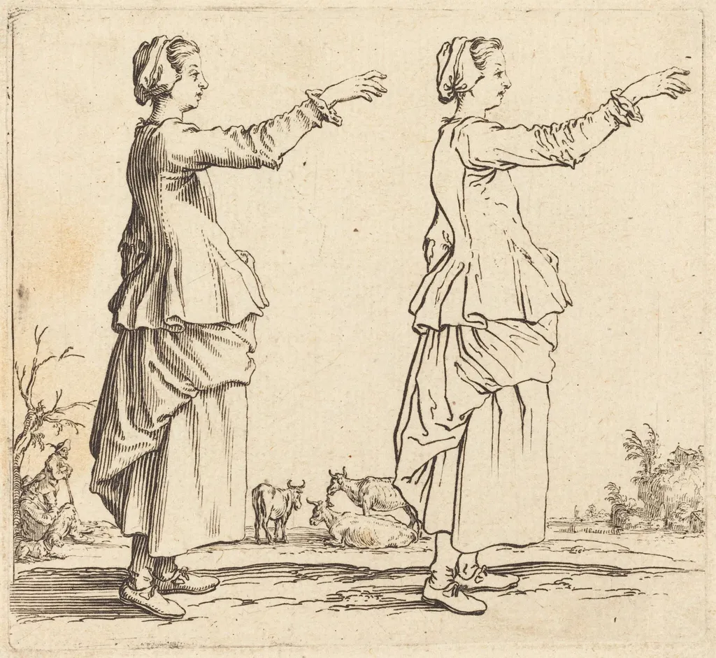 Peasant Woman, in Profile, Facing Right, with Arm Extended, by Jacques Callot, ink, 1622