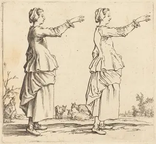 Peasant Woman, in Profile, Facing Right, with Arm Extended, by Jacques Callot, ink, 1622