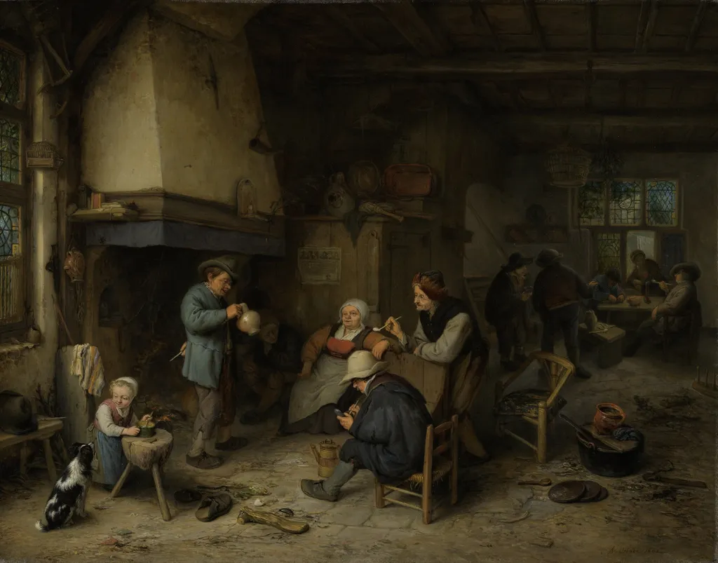 Peasants in an Interior, by Adriaen van Ostade, oil, 1661