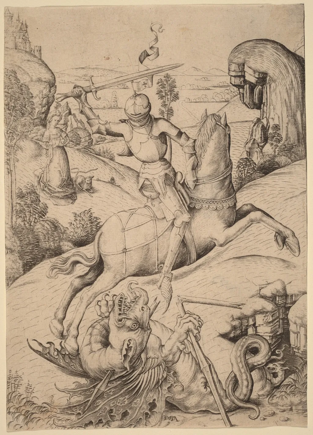 Saint George and the Dragon, by Israhel van Meckenem, ink, 1485
