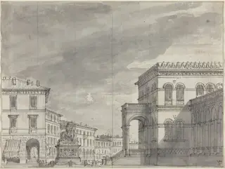 Piazza with an Equestrian Monument and a Palace, by Alessandro Sanquirico, ink, 1810