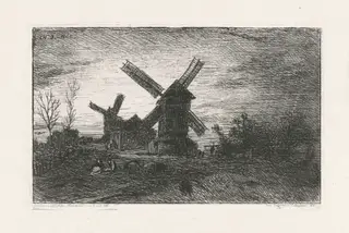 Two Windmills at Montmartre, by Charles Émile Jacque, ink, 1846