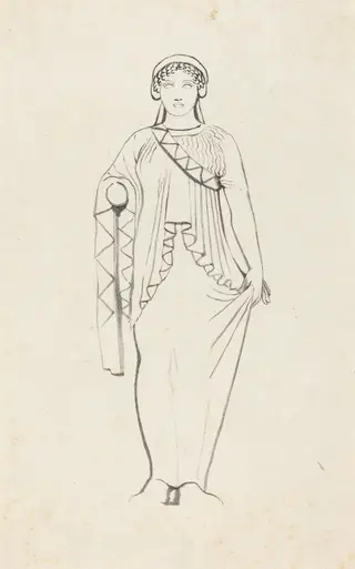 Statue on the Pediment over the West Front ofa Temple at Egina, by W. Walton, ink, 1829
