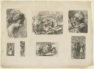 Sheet with Seven Etchings, by Gaetano Gandolfi, ink, 1775