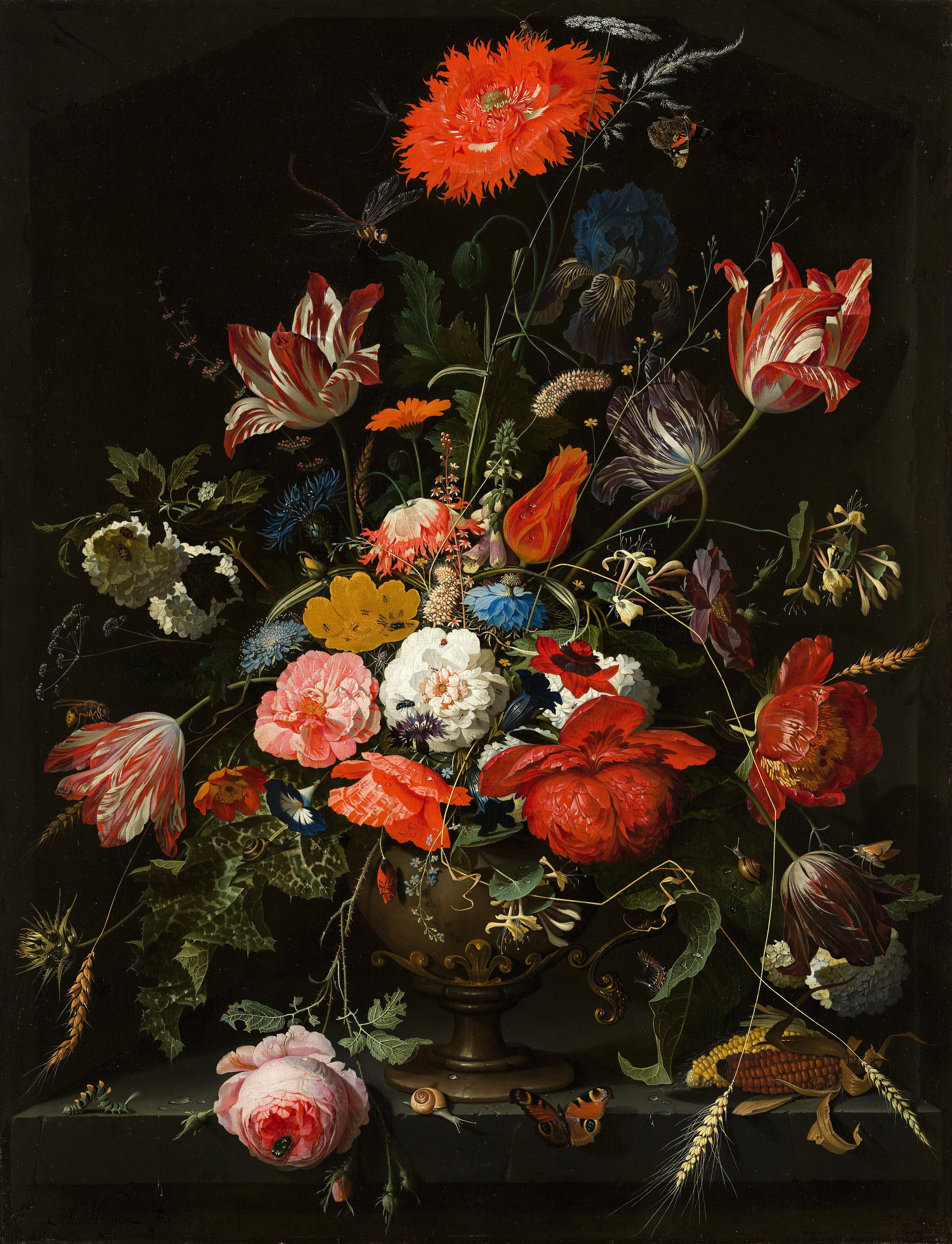 Flowers in a metal vase in a niche, detail