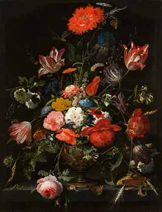 Flowers in a metal vase in a niche, by Abraham Mignon, oil, 1670