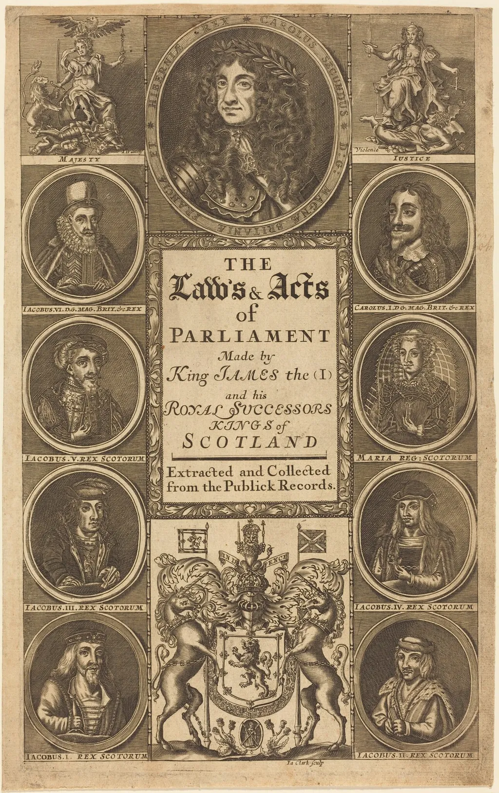 Frontispiece to "The Laws and Acts of Parliament Made by King James I ...", by James Clark, ink, 1705
