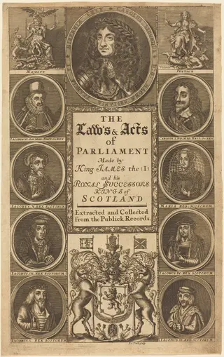 Frontispiece to "The Laws and Acts of Parliament Made by King James I ...", by James Clark, ink, 1705