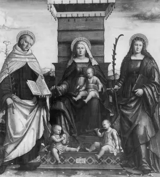 Madonna and Child with Saint Albert and Saint Catherine, by Floriano Ferramola, oil, 1513