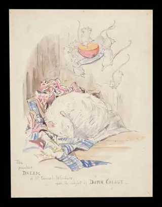 The peculiar dream of Mr. Samuel Whiskers, upon the subject of Dutch cheese, by Beatrix Potter, watercolor, 1908