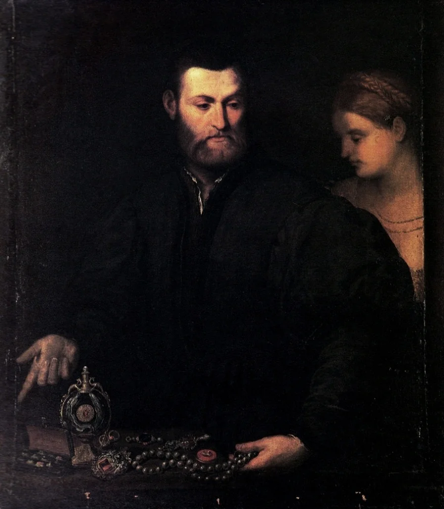 Ein Juwelier mit einer Dame, detail
