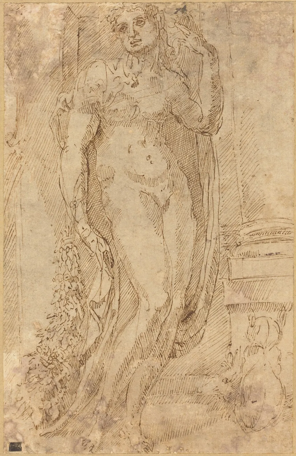 Allegorical Figure with a Cat and a Pig, by Jacopo di Giovanni di Francesco, ink, 1530