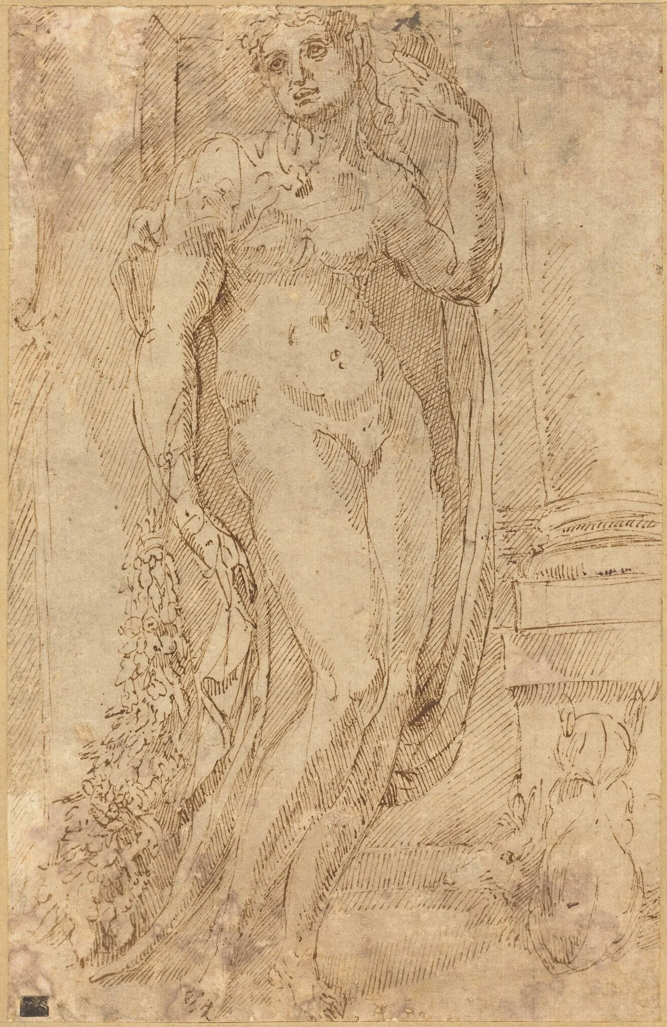 Allegorical Figure with a Cat and a Pig, detail
