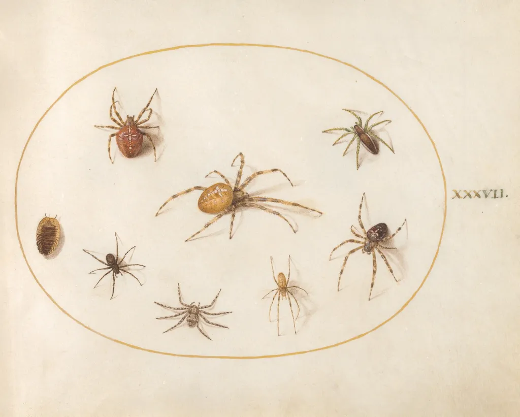 Plate 37: Seven Spiders and an Insect, by Joris Hoefnagel, gouache, 1594