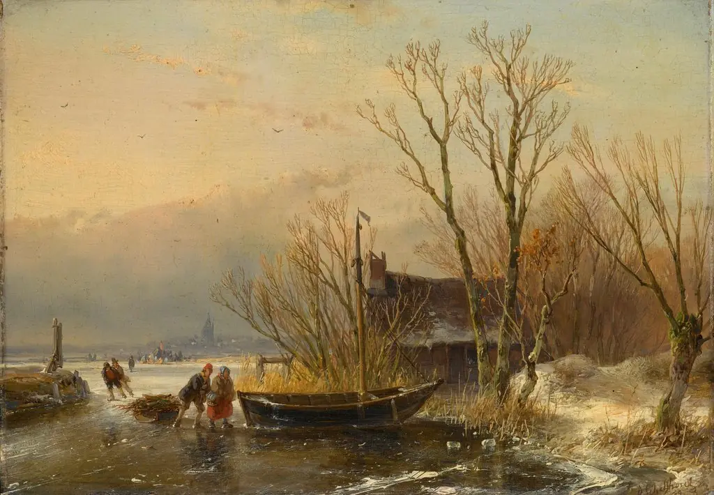 Winter Scene on the Ice with Wood Gatherers, by Andreas Schelfhout, oil, 1849